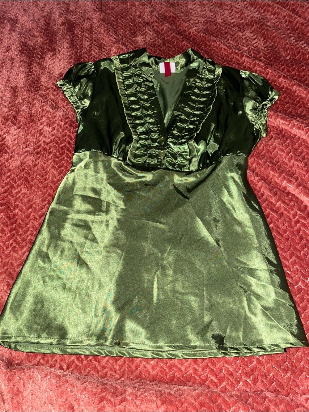 HeartSoul Satin Olive Green Ruffle V-Neck Blouse. Size S